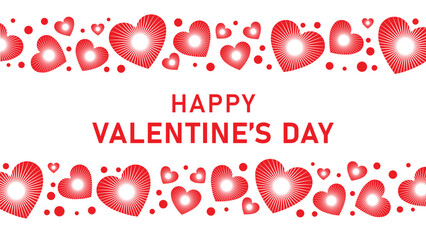 Festive Valentine's Day banner with bold "Happy Valentine's Day" text centered on white background. Surrounded top and bottom by playful clusters of solid red hearts and small red dots.