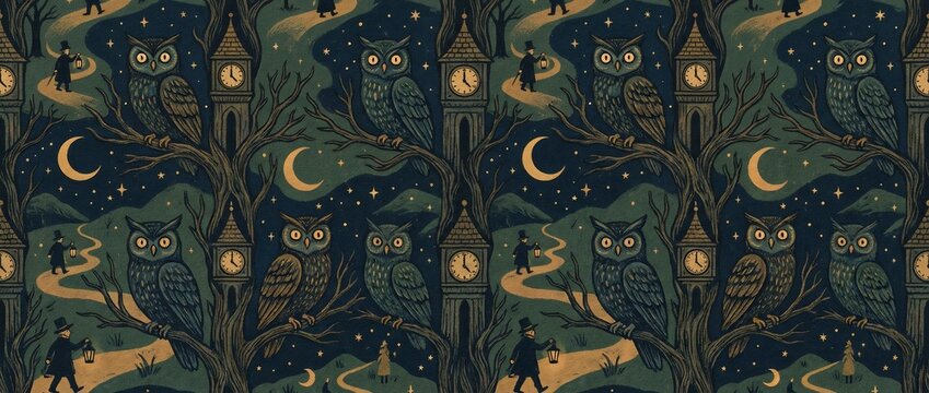 Night Forest Landscape with Owls and Clock Towers Pattern