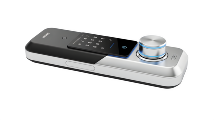 Modern electronic device with keypad and dial isolated on transparent background