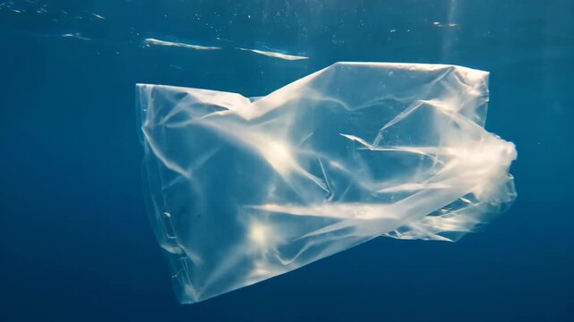 Transparent empty plastic bag floating underwater in the blue ocean. Concept of environmental pollution and marine life danger