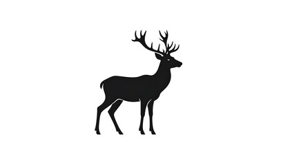 Obraz premium Silhouette of a majestic stag with large antlers standing proudly against a white background, symbolizing nature and wildlife.