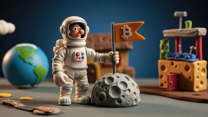 Naklejka premium Claymation figures. Astronaut on the Moon with Bitcoin Flag