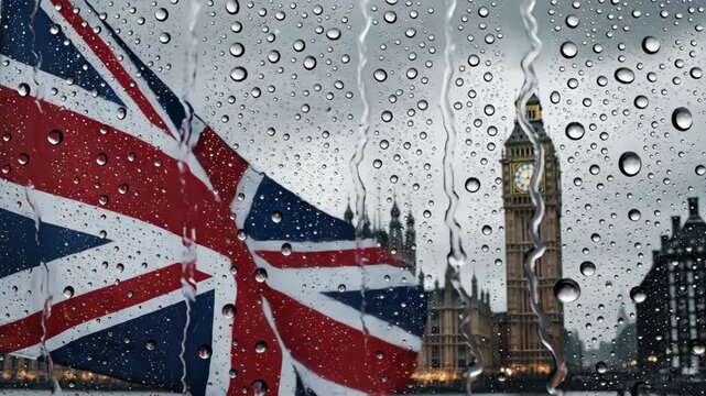 Rain-streaked window view of waving Union Jack flag and Big Ben in London. Concept of British pride and rainy weather