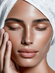 Young woman 20&ndash;30 years old with natural skin texture during skincare routine, spa beauty portrait