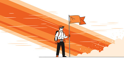 Obraz premium Illustrative Person Holding Orange Flag Reaching Goals With Achievement Concept
