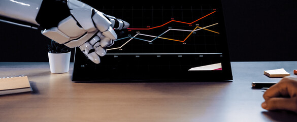 A robotic hand interacts with a data display, showcasing vibrant charts and graphs, symbolizing the partnership between technology and business analysis.Noogenesis