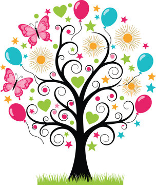 Whimsical Decorative Tree with Balloons, Butterflies, and Stars &ndash; Playful Vector Illustration for Celebrations, Kids Art, and Seasonal Design