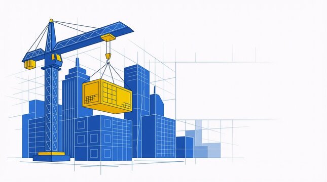 Architectural construction illustration showing crane and modular building blocks for urban development planning