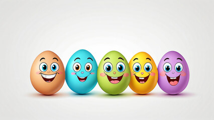 F&uuml;nf lustige bunte Ostereier mit lachenden Gesichtern auf wei&szlig;em Hintergrund
