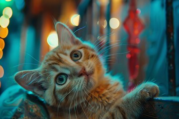 Cute ginger kitten relaxing on sofa near christmas tree with bokeh lights effect