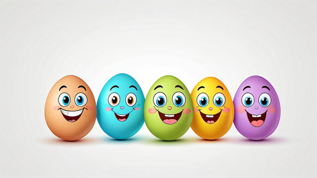 F&uuml;nf lustige bunte Ostereier mit lachenden Gesichtern auf wei&szlig;em Hintergrund