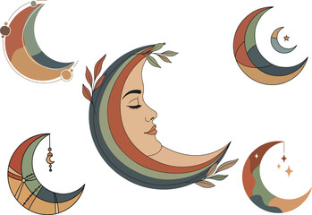 Hand Drawn Flat Vector fashion Crescent Moon Illustration