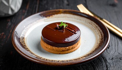 Elegant chocolate pastry served on a decorative plate. A culinary delight, this dessert offers a rich flavor profile and exquisite presentation