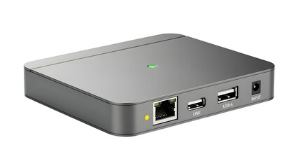 Fototapeta premium Gray electronic device with USB ports and ethernet port isolated on transparent background