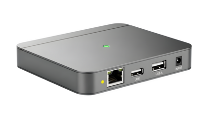 Gray electronic device with USB ports and ethernet port isolated on transparent background