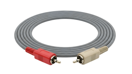 Gray coiled audio cable with red and beige connectors