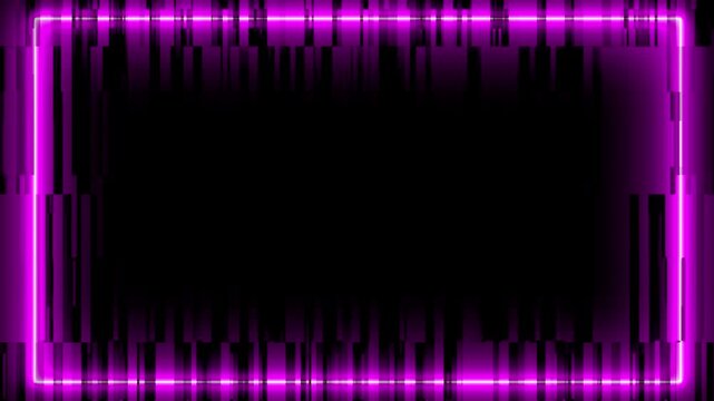 Abstract purple neon glowing rectangular frame with digital glitch texture on black background