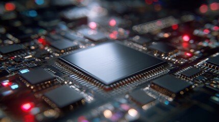 Close up of a complex computer microchip with glowing lights