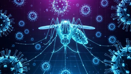 A digital illustration of a mosquito surrounded by viruses in a dark purple and blue background