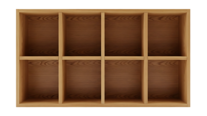 Empty wooden bookshelf with six compartments