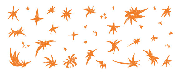 Pastel brush magic stars doodle set. Orange crayon twinkles spark set. Pencil scribble star collection. Kids paint blinks. Christmas simple shine decoration. Vector bling on transparent background. © Syuzann q
