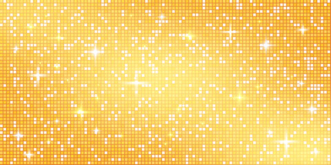 Yellow disco ball mosaic background with mirror glitter texture. Shiny warm orange tones sequin pattern. Festive golden dance floor. Glam gold sparkle Christmas celebration. Vector illustration.
