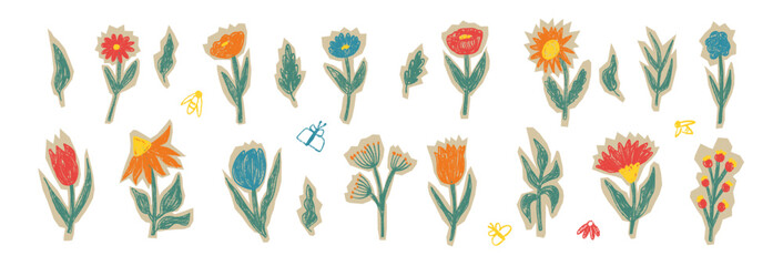 Flower paper scrapbook colorful pencil textured cutout. Floral shape, tulip torn papers pieces with crayon effect. Hand drawn red, blue cut out sticker. Vector craft tear wildflowers scribbles no bg.