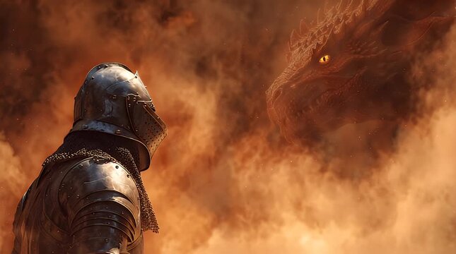 A knight in armor faces a massive dragon amidst smoke and flames