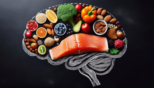 chalk hand drawn brain picture with assorted food food for brain health and good memory fresh salmon vegetables nuts berries on black background foods to boost brain power top view copy space