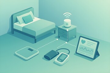 Isometric smart bedroom with connected health devices: digital scale, blood pressure monitor, pulse oximeter and tablet app linked via wireless hub, illustrating remote patient monitoring.