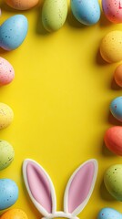 Easter eggs and bunny ears on yellow background pastel