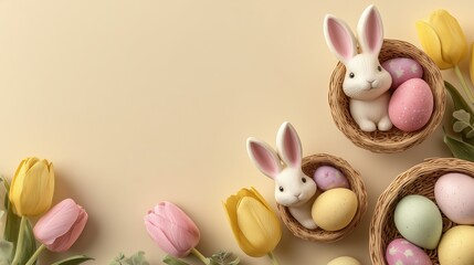 Easter bunnies and pastel eggs with tulips bunny rabbit