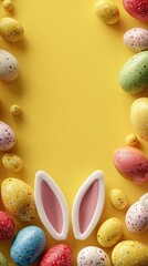 Easter eggs and bunny ears on yellow background spring
