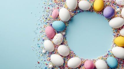 Easter eggs and sprinkles arranged in a circle on blue background