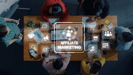 A diverse group of professionals collaborates on affiliate marketing strategies, surrounded by...