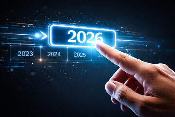 Digital button activating 2026 year change concept