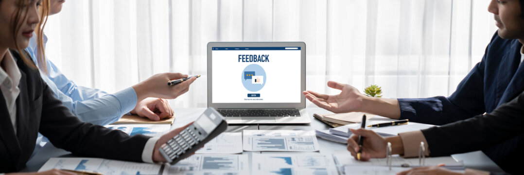 Business intelligence and data analysis concept. Analyst team working on financial data analysis dashboard on laptop screen as marketing indication for effective business strategic planning. Insight - Powered by Adobe