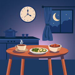 Sahoor Night Preparation Ramadan Flat Illustration