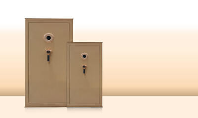 front view gold steel vertical rectangular safes, large and small sizes on brown background, decor, safe, object, electric, fashion, copy space