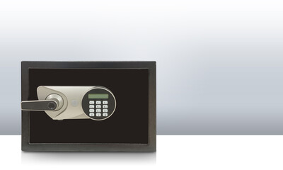 front view one black steel Safes on white floor and grey wall background, object, furniture, money, electric, copy space