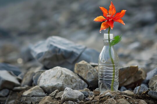 Orange flower growing in a plastic bottle on rocky terrain, symbolizing rebirth and environmental awareness