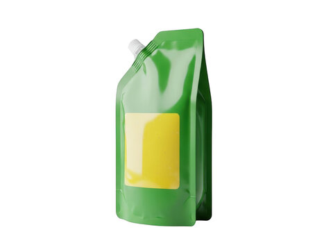 Green stand-up pouch with yellow window isolated on transparent background
