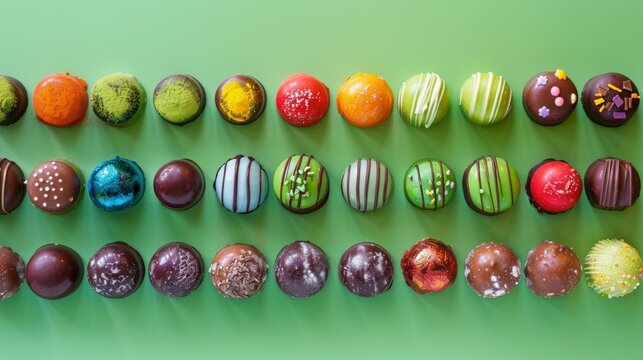 This image features a neatly arranged array of chocolate bonbons, showcasing a vibrant selection of colors and decorations. The bonbons are displayed in parallel rows against a green background,