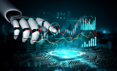 A futuristic robot hand engages with digital graphs and data analytics on a circuit board, symbolizing advanced technology and artificial intelligence in a modern setting. Scalp