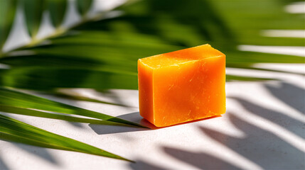 orange organic turmeric  soap bar resting on a textured white surface with soft green palm leaf shadows creating a natural tropical and refreshing skincare concept