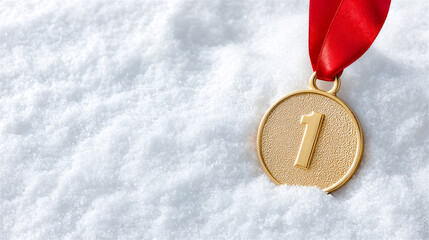gold medal with a red ribbon and the number one displayed partially covered in powdery white snow symbolizing victory achievement and success in winter sports