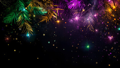 Dark tropical background with neon purple palm leaves and golden bokeh lights