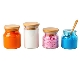 Four colored glass jars with wooden lids isolated on transparent background