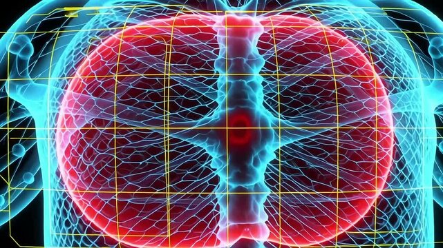 Abstract visualization of a glowing human respiratory system with internal organs highlighted in red, against a dark grid background.
