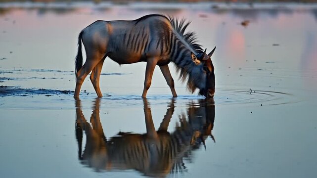 wildebeest drinking water in wild video